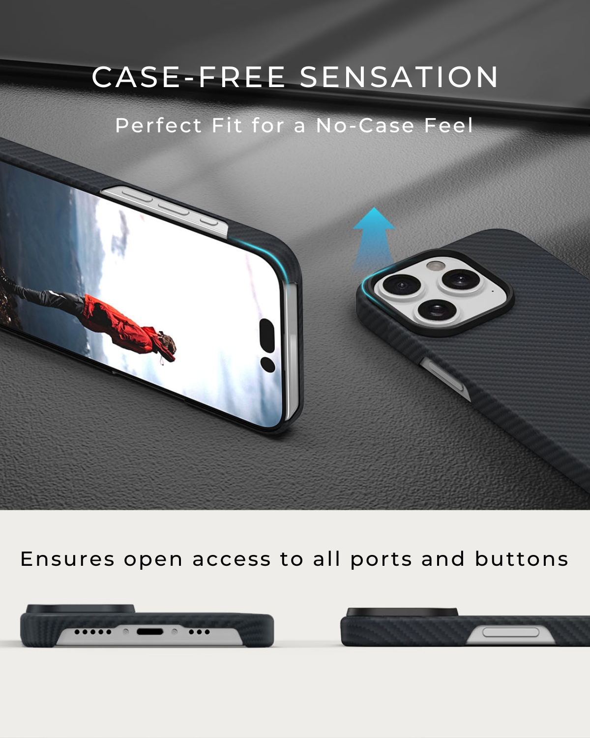 showing the cutout for open access to all functions for iPhone 15 pro aramd fiber case