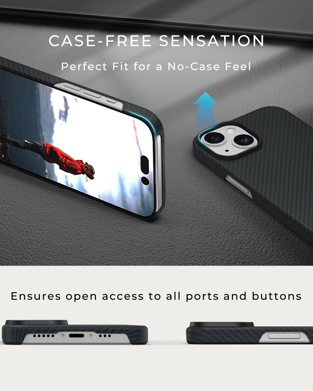 showing the wrap and cutouts for iphone 15 aramid fiber case