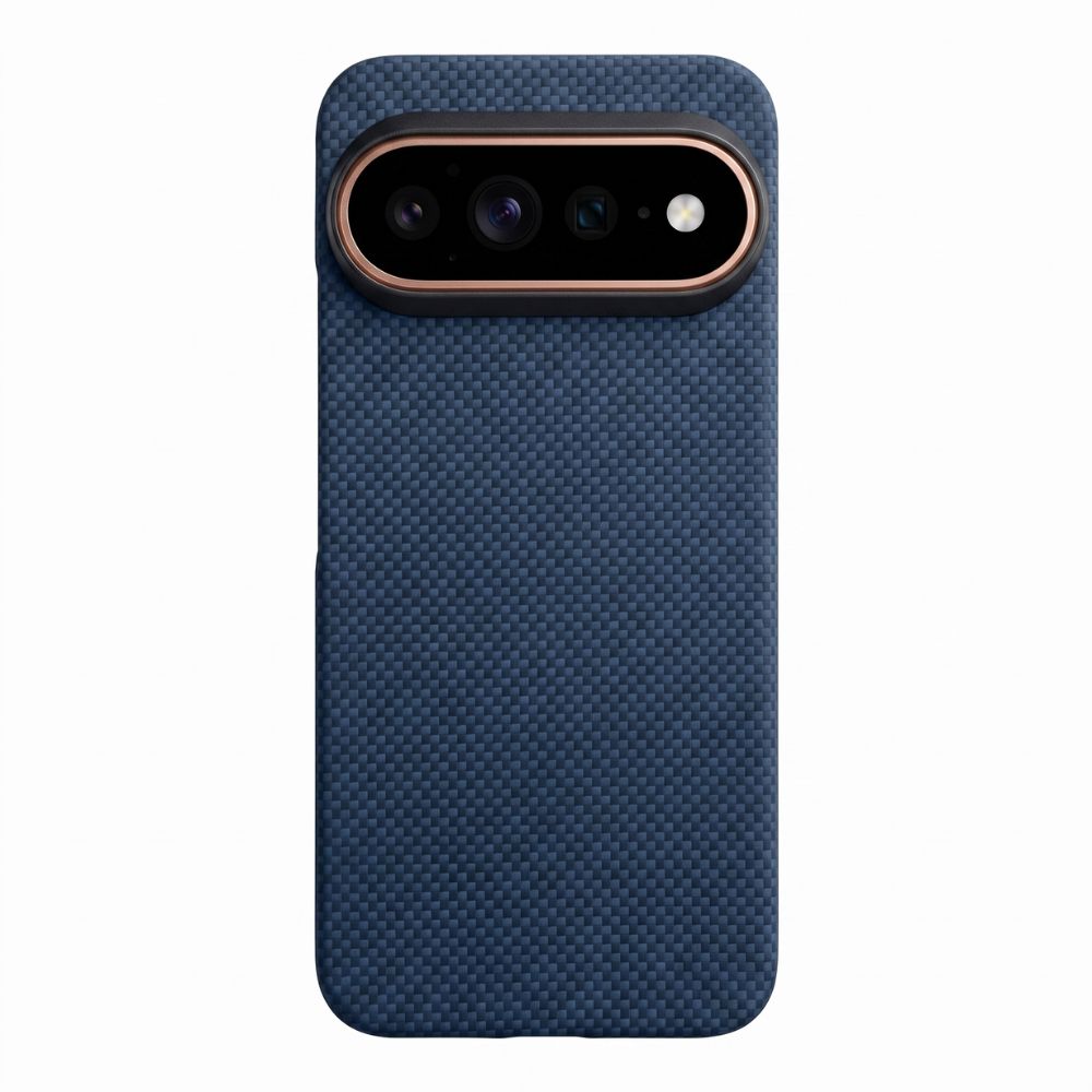 A dark blue pixel 11 pro xl  phone case with a rose gold metallic accent around the camera cutout, shown on a plain white background.