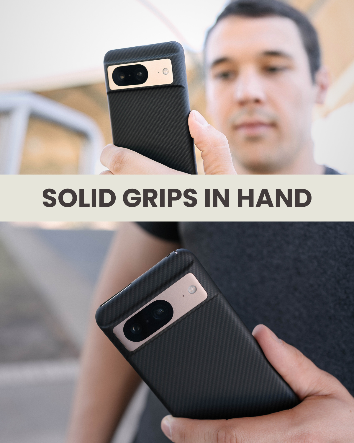a man grips iphone 8 in aramid fiber case