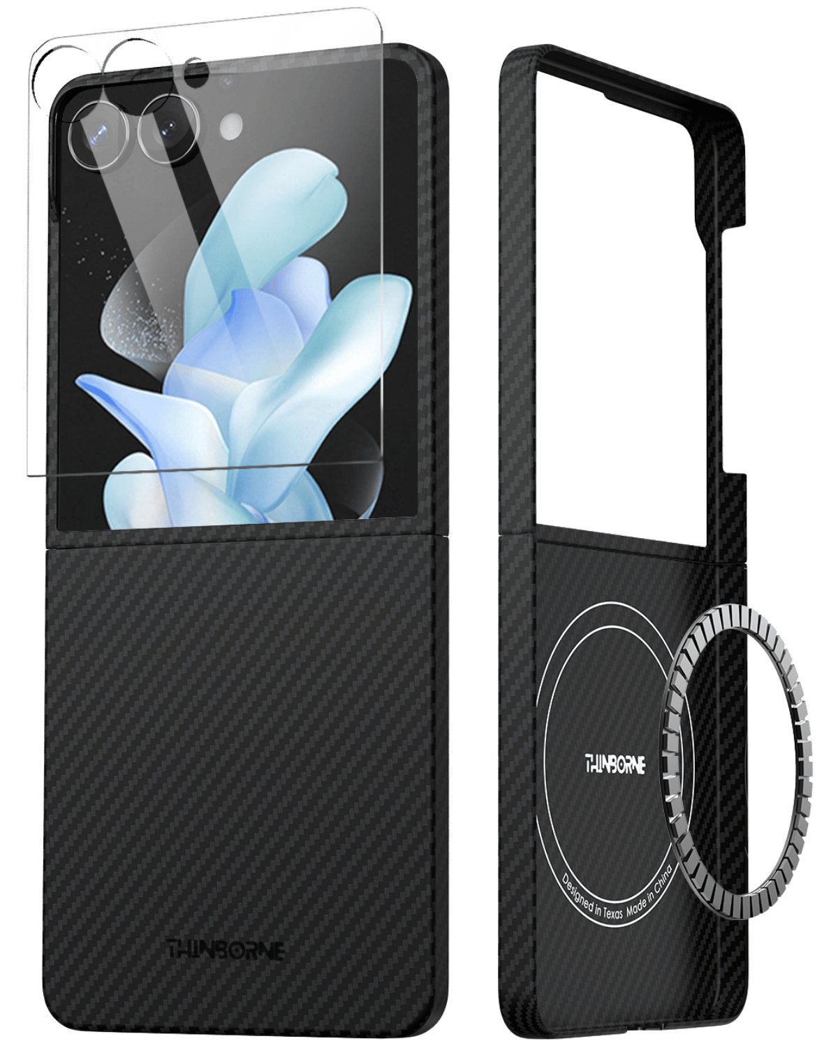 Front and back view of Galaxy Z Flip 7 case featuring MagSafe ring and tempered glass screen protector.
