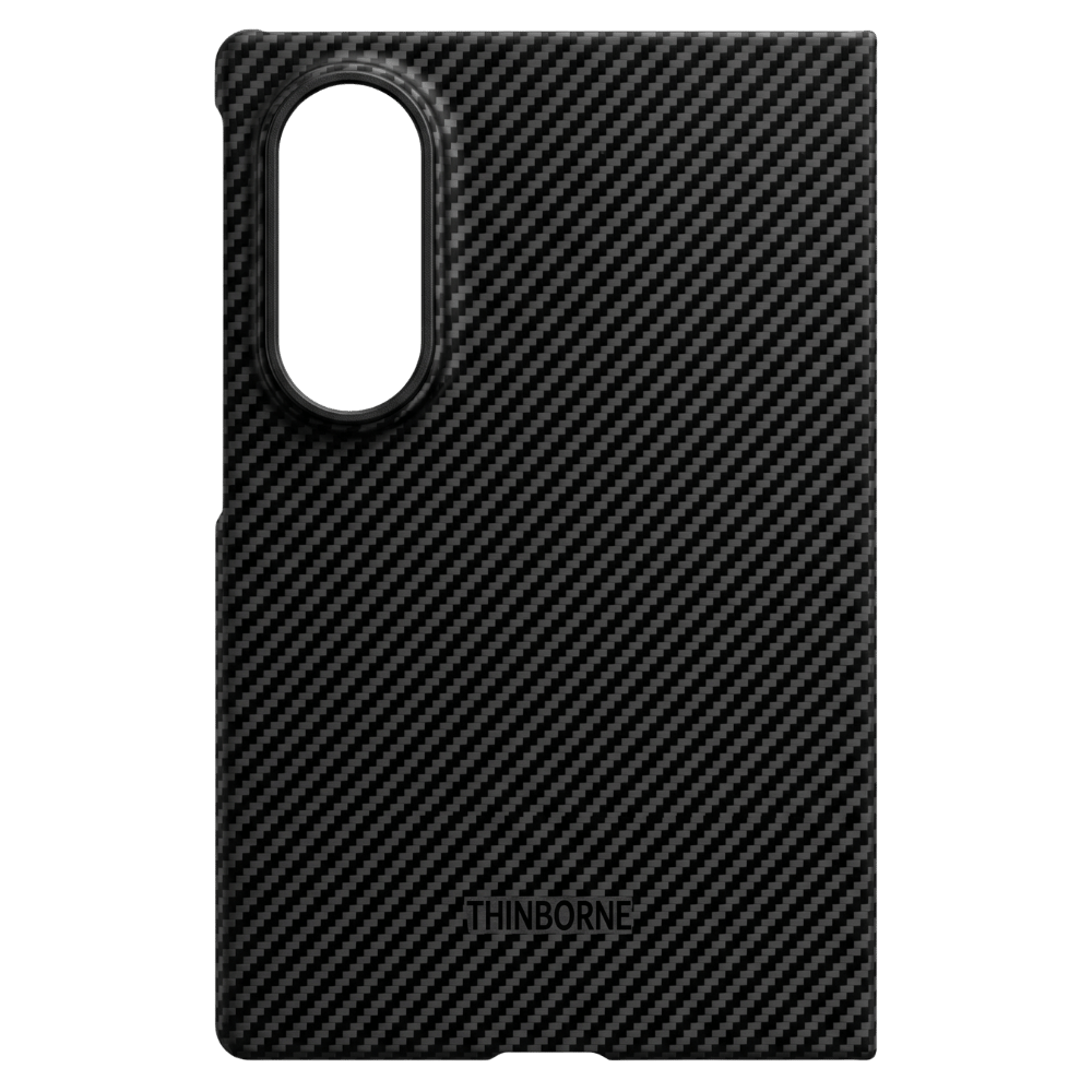 A black carbon fiber samsung galaxy z fold 8 phone case with a circular camera cutout and the Thinborne logo at the bottom, shown against a solid green background.