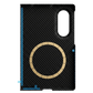A black carbon fiber samsung fold8 phone case with a circular gold magnetic ring, shown on a solid green background.
