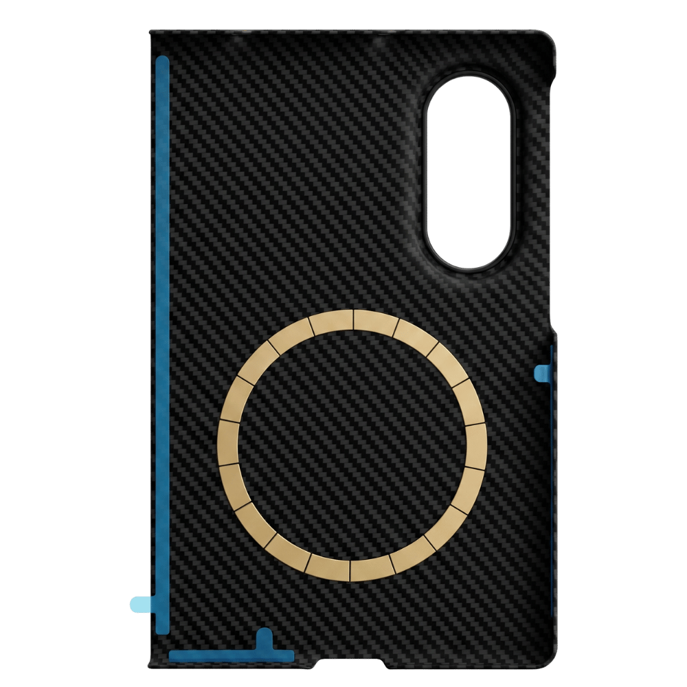 A black carbon fiber samsung fold8 phone case with a circular gold magnetic ring, shown on a solid green background.