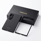 A black carbon fiber galaxy z fold 8  phone case and a matching black frame accessory displayed in front of a black carbon fiber THINbORNE box on a clean white background.