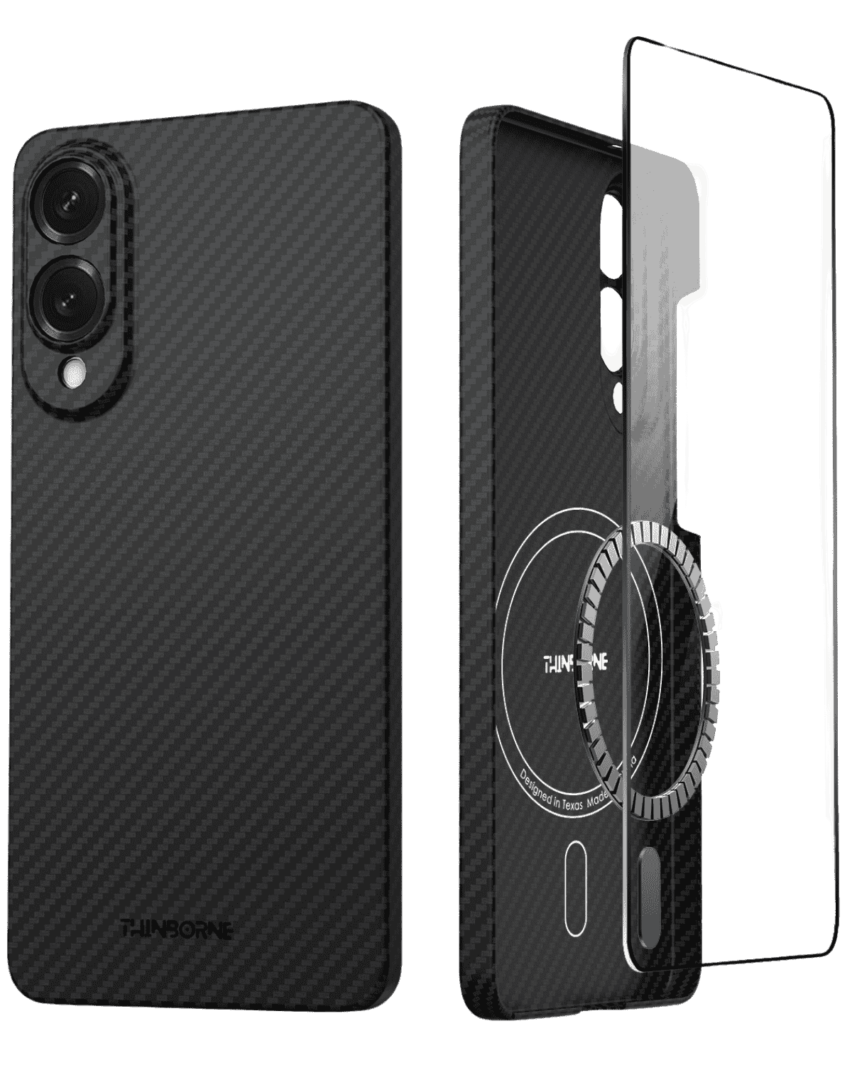 Back and side view of the ultra-thin Samsung Galaxy S25 Edge case, shown with included tempered glass screen protector.