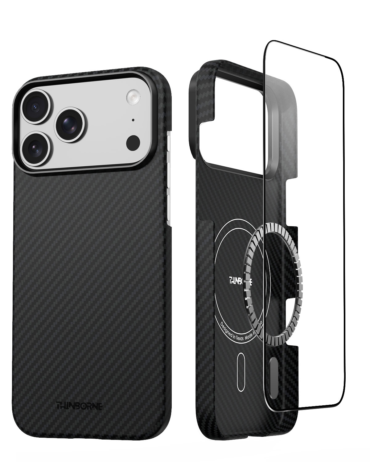 Black iphone 17 pro max case with ring holder and screen protector on a white background