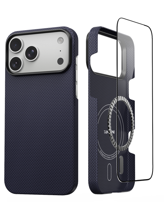 Navy blue iphone 17 pro super thin case with screen protector and ring stand on a white background