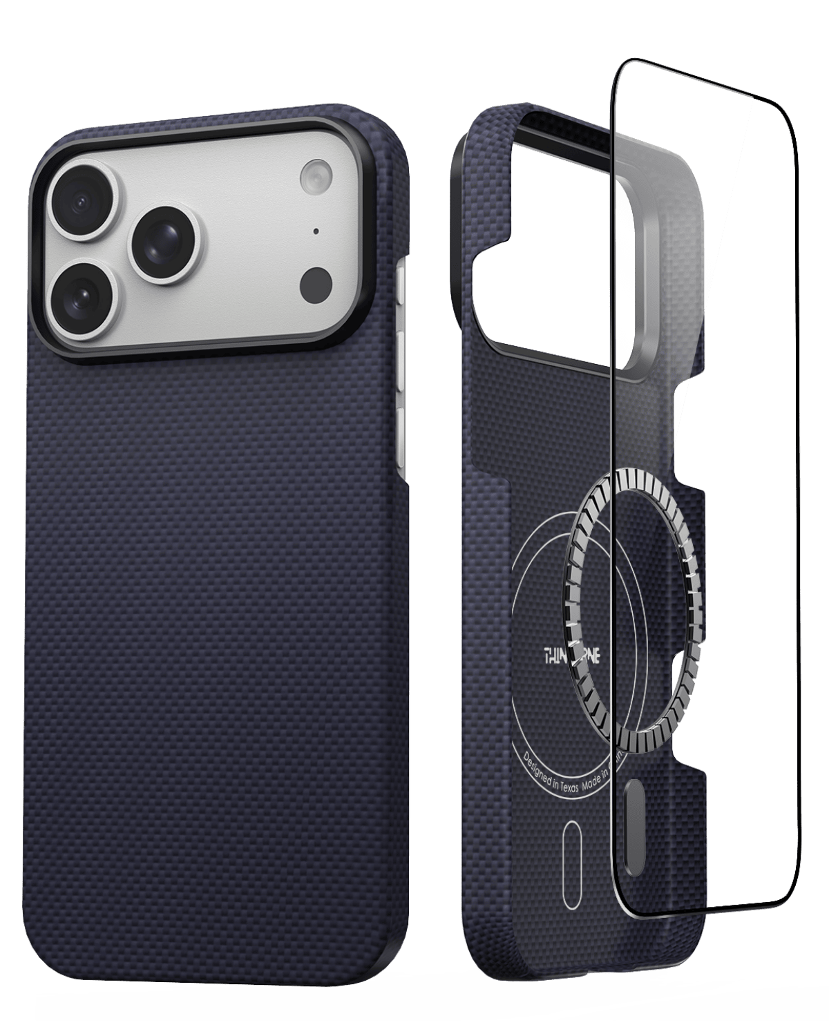 Navy blue iphone 17 pro super thin case with screen protector and ring stand on a white background