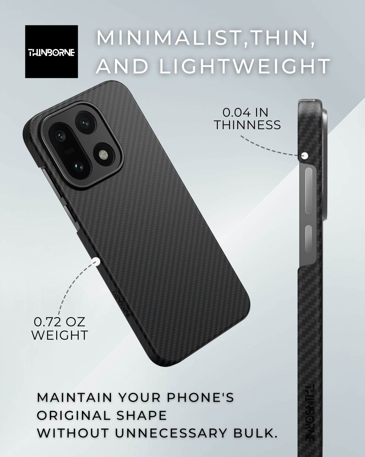 Thin oneplus 15 case with text highlighting its thinness and weight on a light gray background