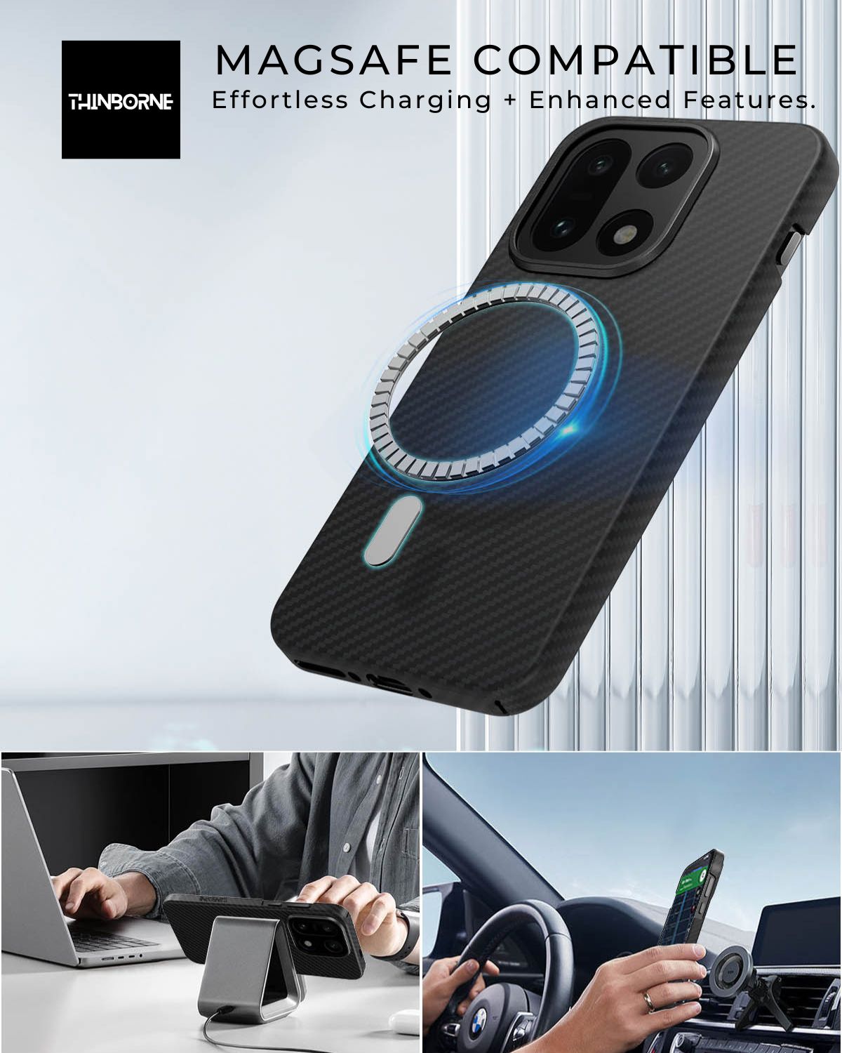 oneplus 15 case with magnetic ring and Thrunite branding, featuring text about MagSafe compatibility.