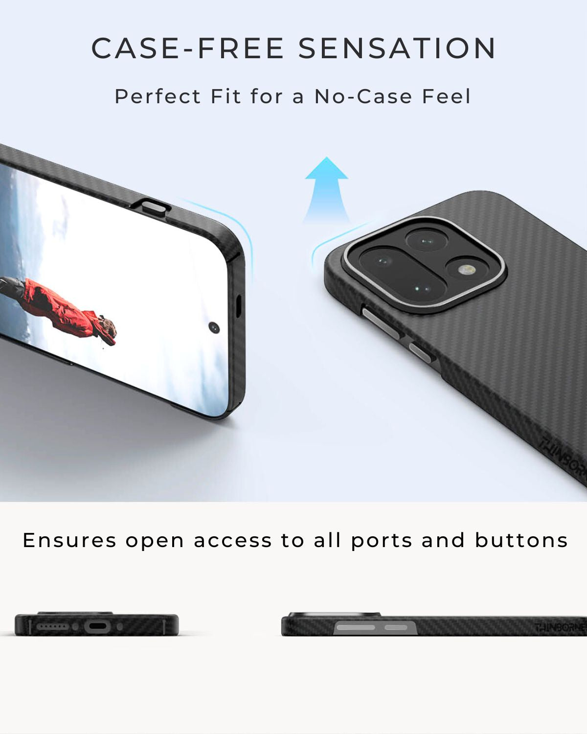 oneplus 15 case with text 'Case-Free Sensation' and 'Perfect Fit for a No-Case Feel'.