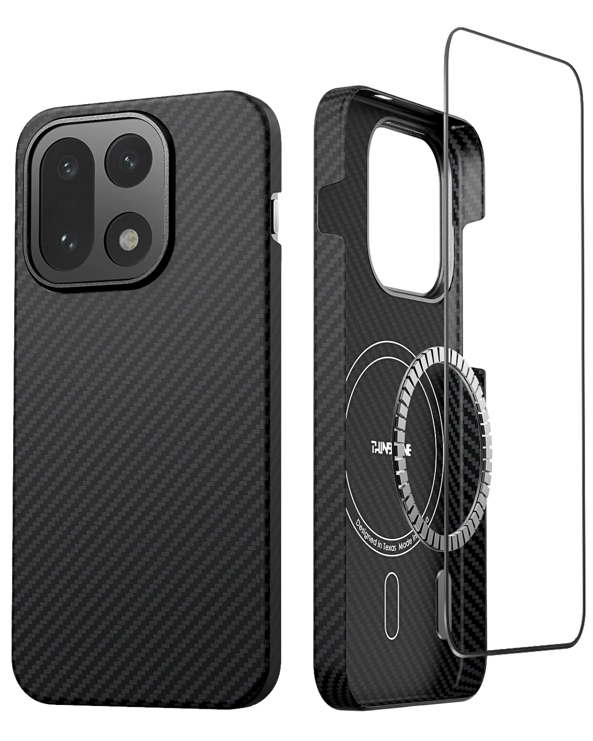 Black OnePlus 15 case with carbon fiber texture, magnetic ring, and screen protector on a white background