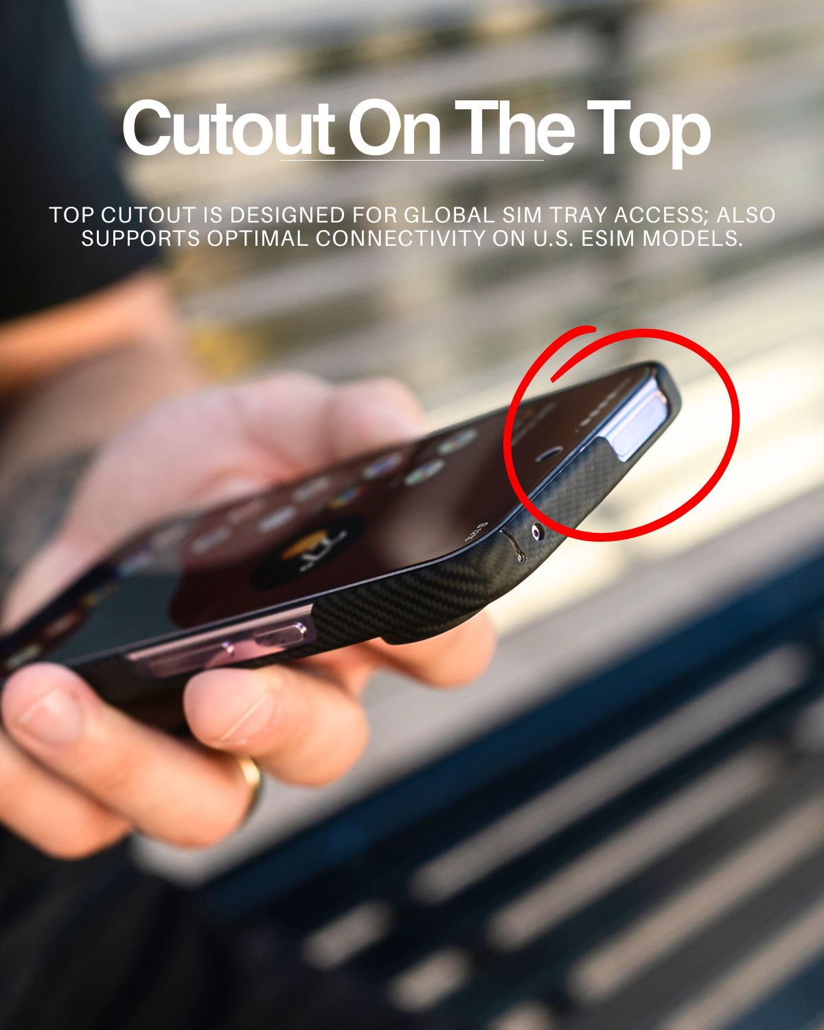 A close-up of a hand holding a phone in a black, textured Pixel 10 Pro xl case. A red circle highlights the top cutout designed for the SIM tray.