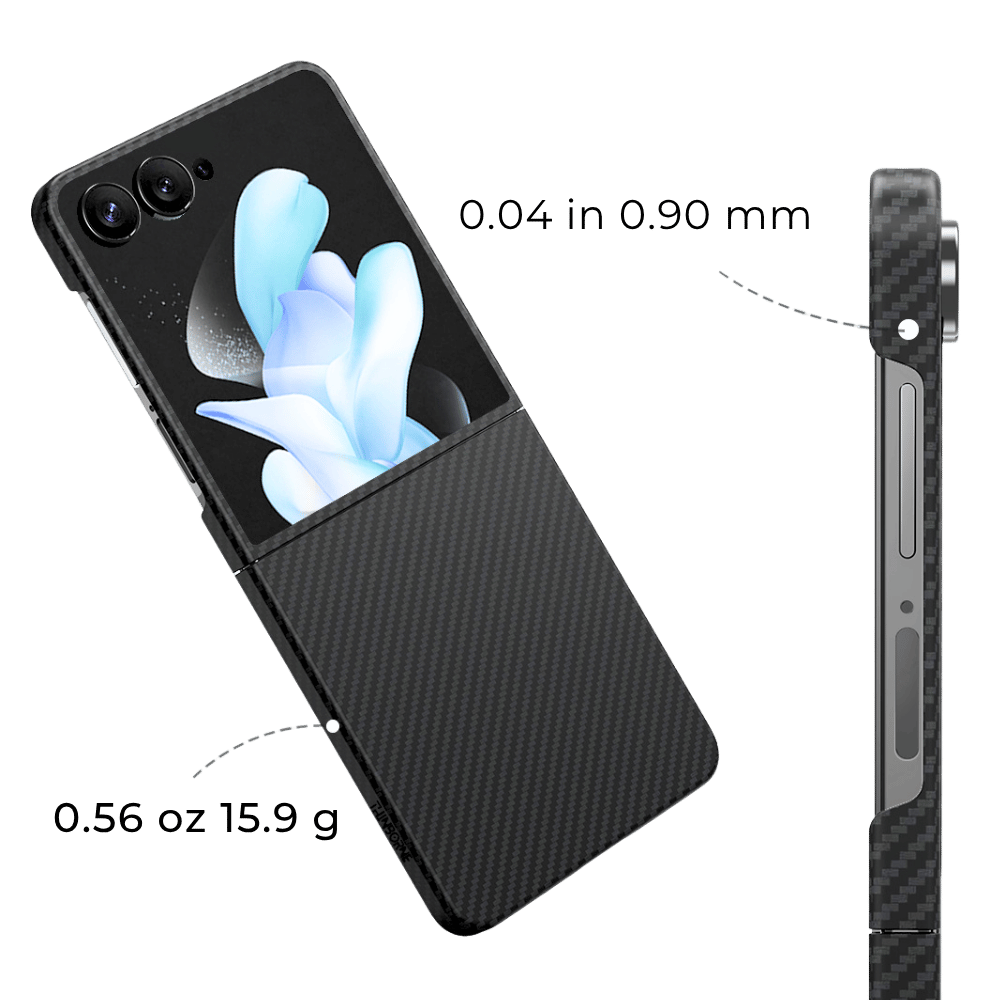 galaxy z flip 8 case in black aramid fiber showing ultra-thin 0.04 inch profile and lightweight 0.56 oz design.