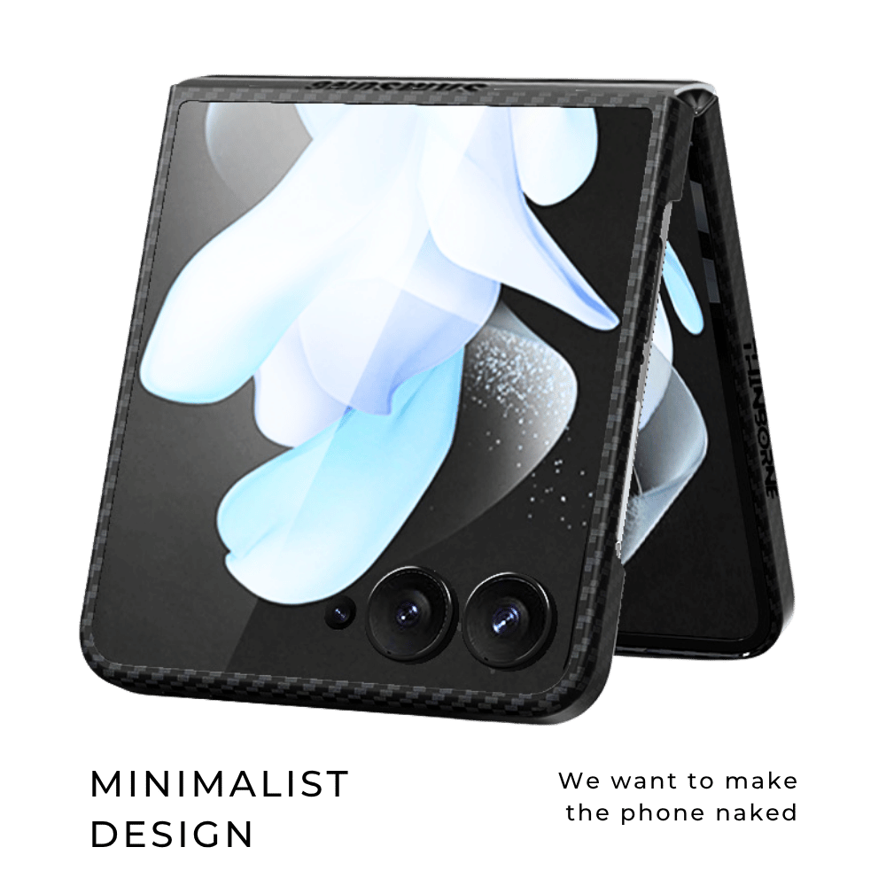 galaxy z flip 8 case in a minimalist matte black aramid fiber design, shown on a half-folded phone.