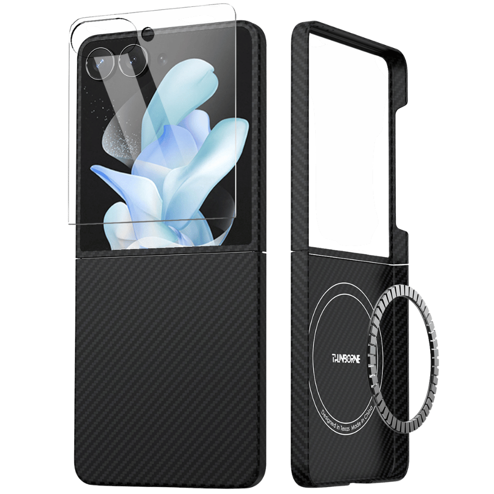 galaxy z flip 8 case exploded view displaying the front cover, back piece, camera lens protector, and magnetic ring.