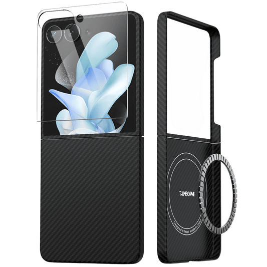 galaxy z flip 8 case exploded view displaying the front cover, back piece, camera lens protector, and magnetic ring.