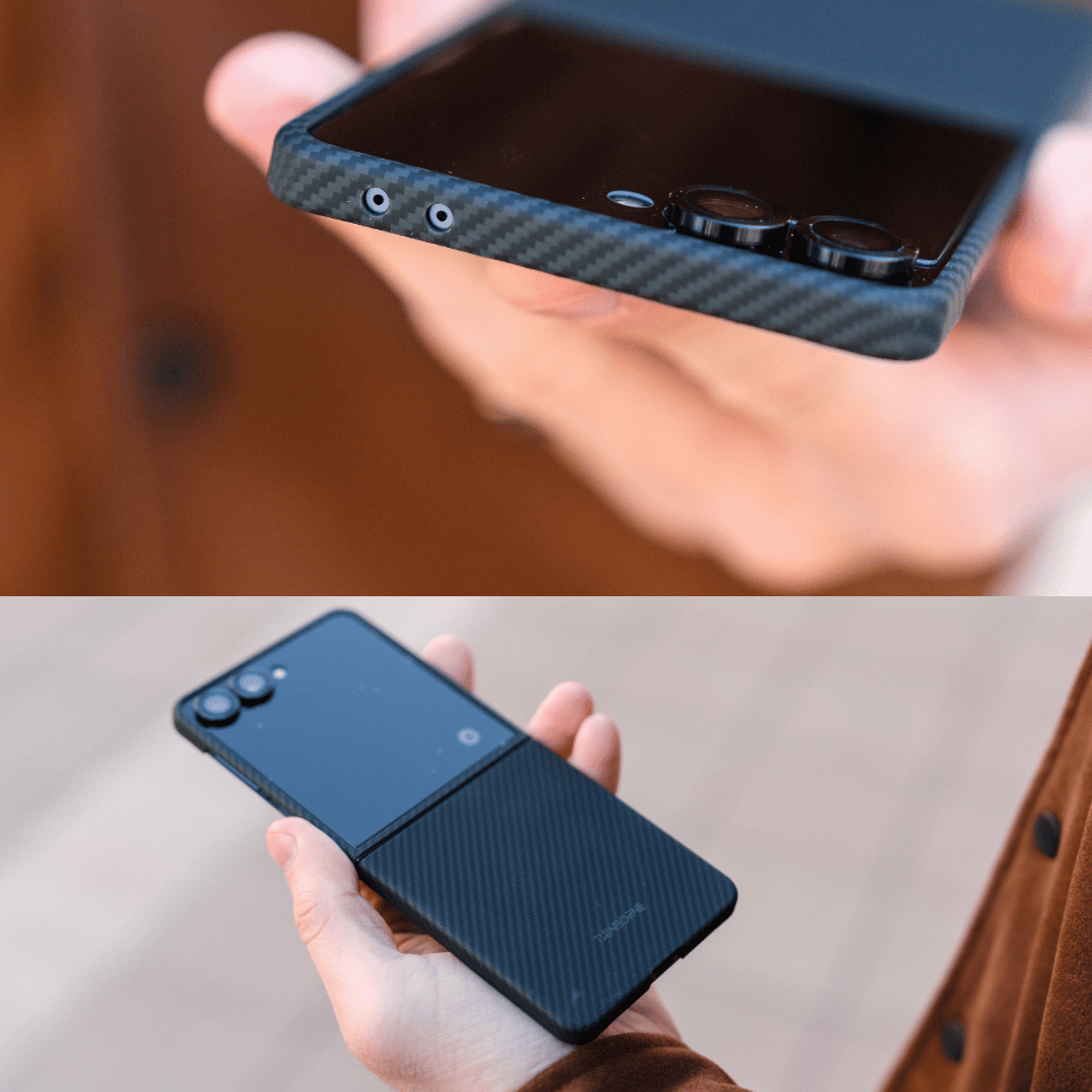 galaxy z flip 8 case held in hand, showcasing the precise port cutouts and slim aramid fiber texture.
