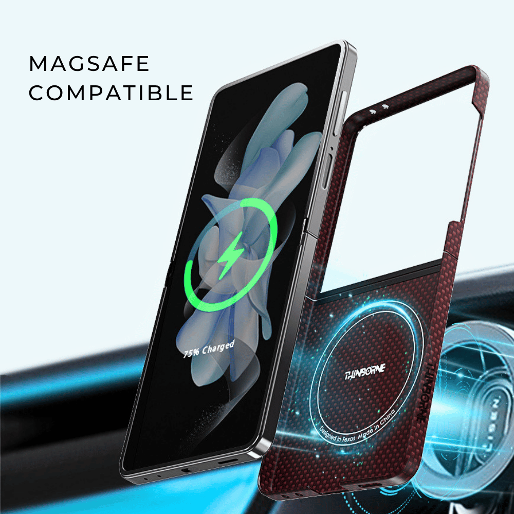 Red carbon fiber texture Galaxy Z Flip 8 phone case with built-in magnetic ring labeled MagSafe compatible.