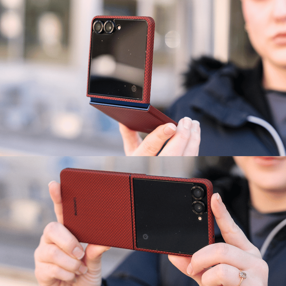 Person holding a slim red aramid fiber protective case on a Galaxy Z Flip 8 smartphone illustrating a secure grip.