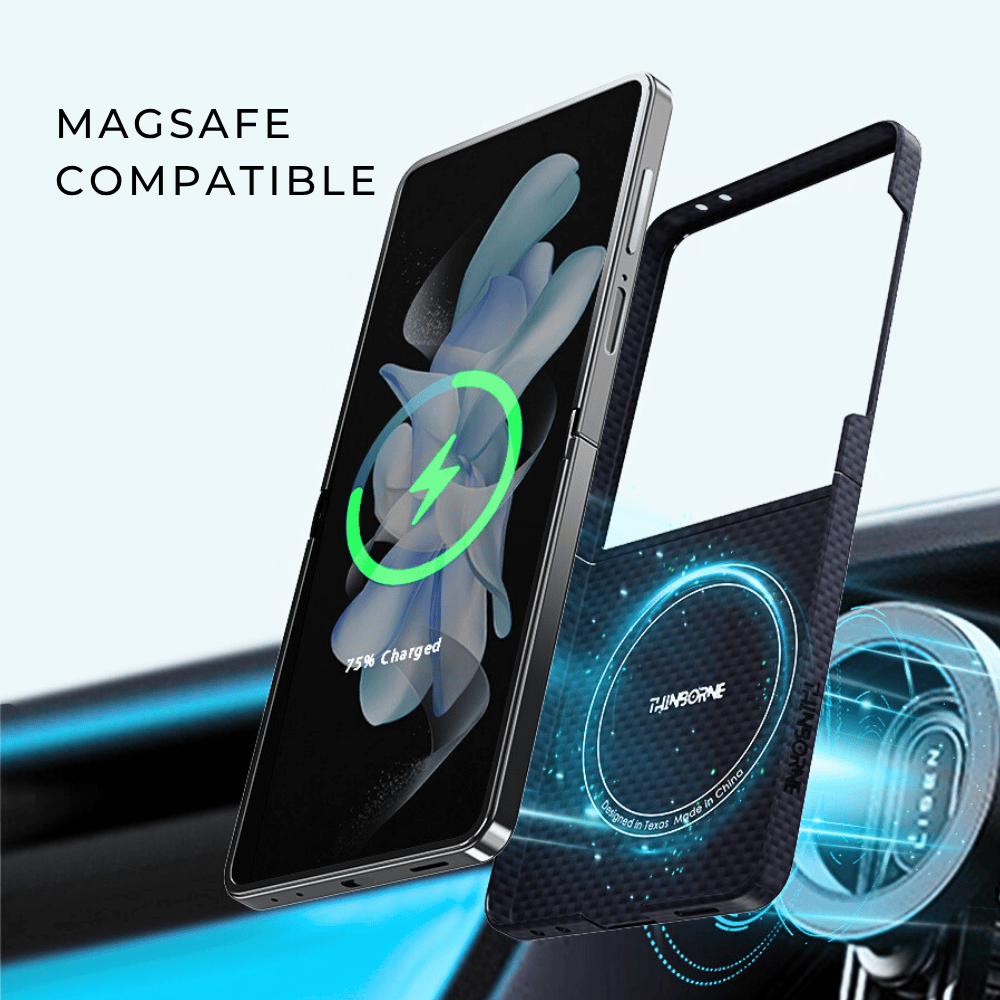galaxy z flip 8 case in navy, shown detached from the phone to highlight its built-in MagSafe compatible magnetic ring alignment.