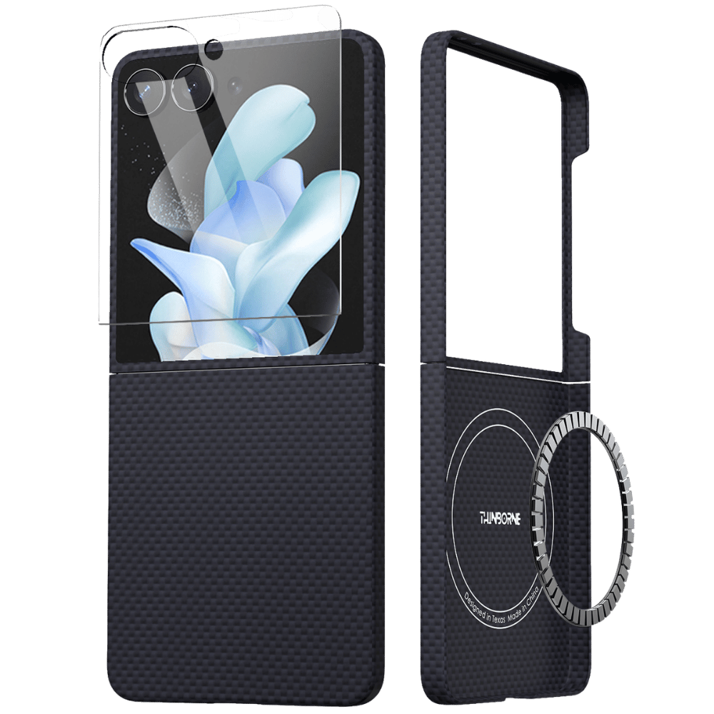 galaxy z flip 8 case exploded view, showing the two-piece navy aramid fiber shell alongside a glass screen protector and a MagSafe magnetic ring.