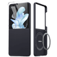 galaxy z flip 8 case exploded view, showing the two-piece navy aramid fiber shell alongside a glass screen protector and a MagSafe magnetic ring.