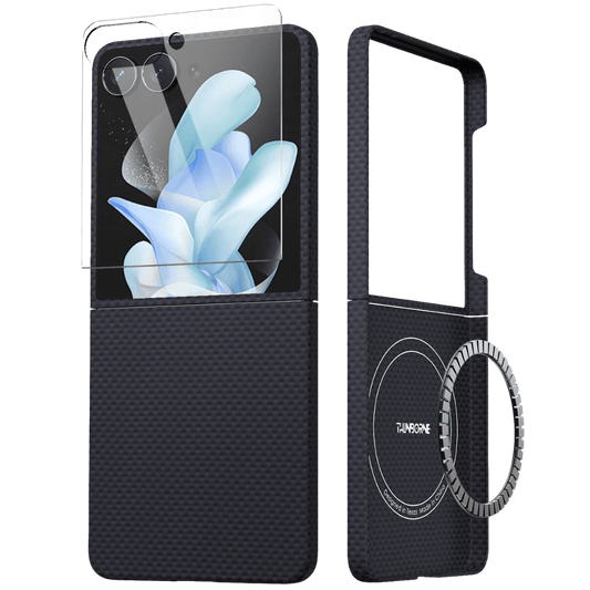 galaxy z flip 8 case exploded view, showing the two-piece navy aramid fiber shell alongside a glass screen protector and a MagSafe magnetic ring.