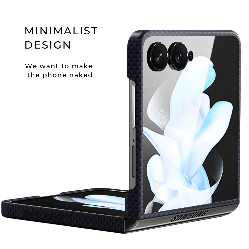 galaxy z flip 8 case featuring a minimalist navy weave pattern, fitted snugly on a partially folded phone to show off its naked-feel design.