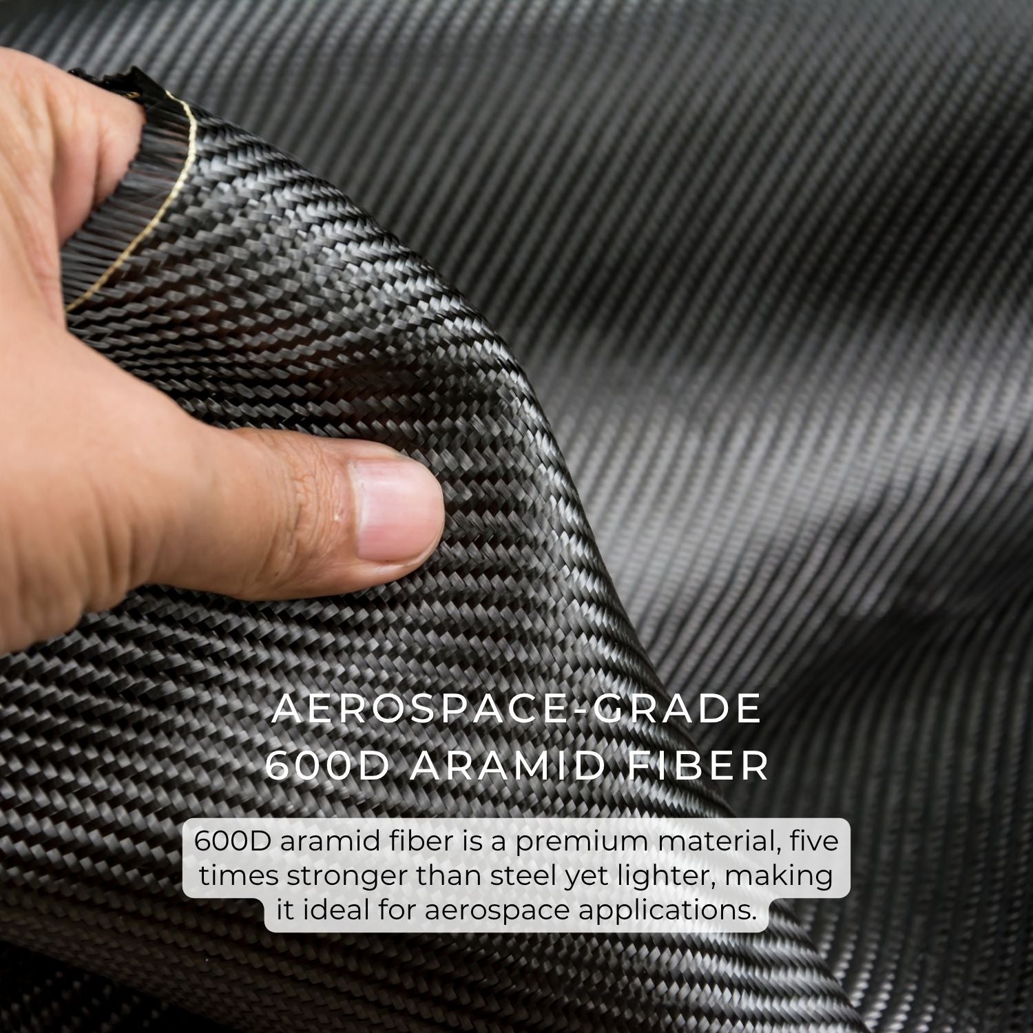 Close-up of a hand holding woven black 600D aramid fiber fabric, with overlay text explaining its strength and lightweight quality.