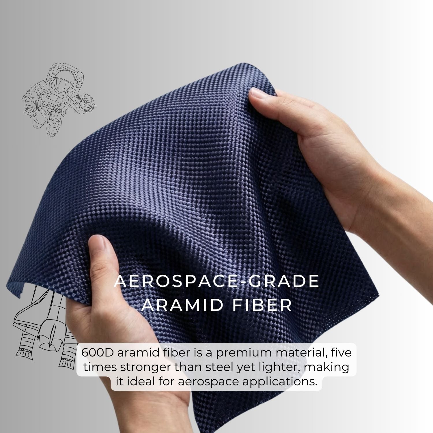 Two hands holding and displaying a piece of woven navy blue 600D aramid fiber fabric, with overlay text describing its strength and lightweight quality.