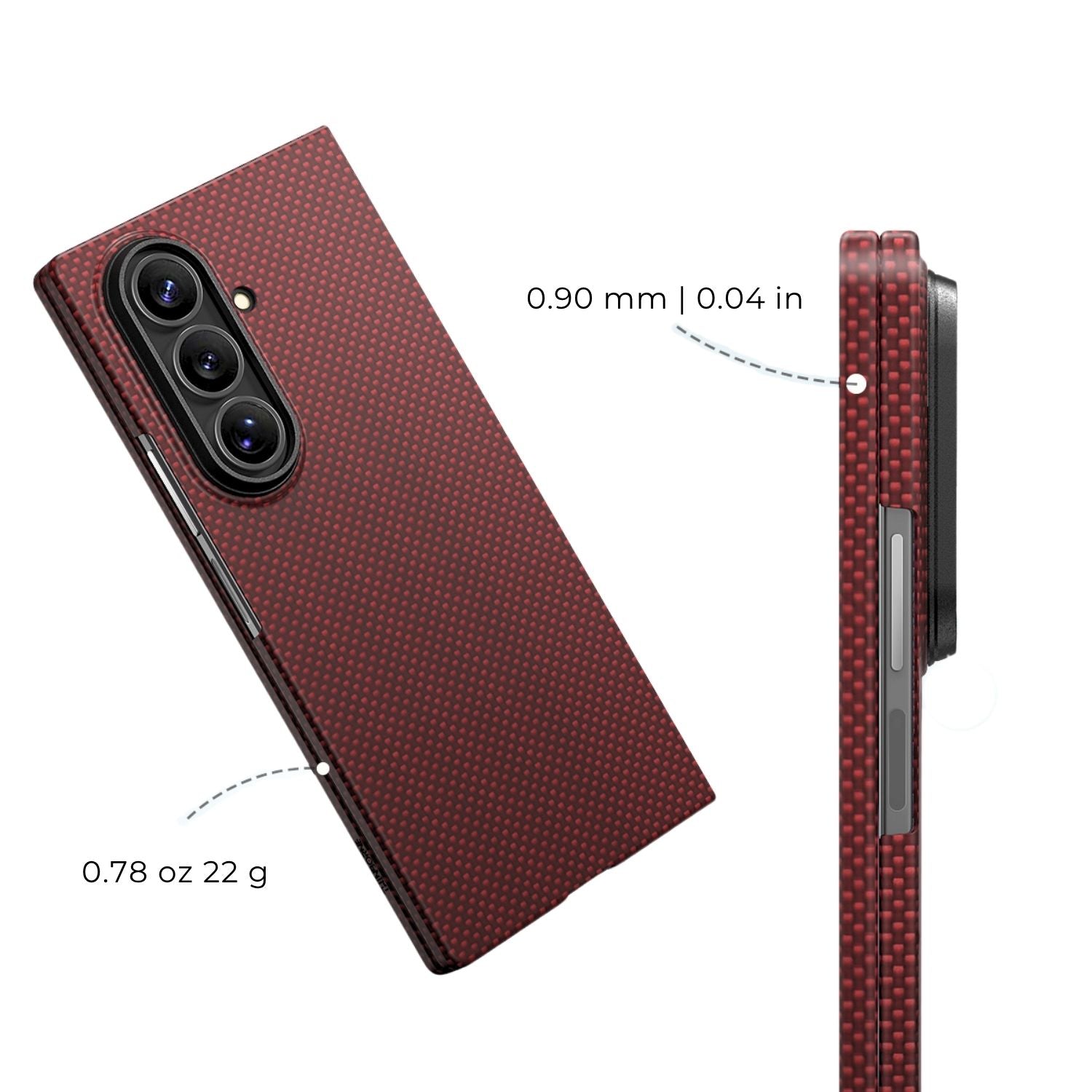 Product render showing the lightweight 22g weight and ultra-slim 0.90mm thickness of a red aramid fiber galaxy z fold 8 ultra case.