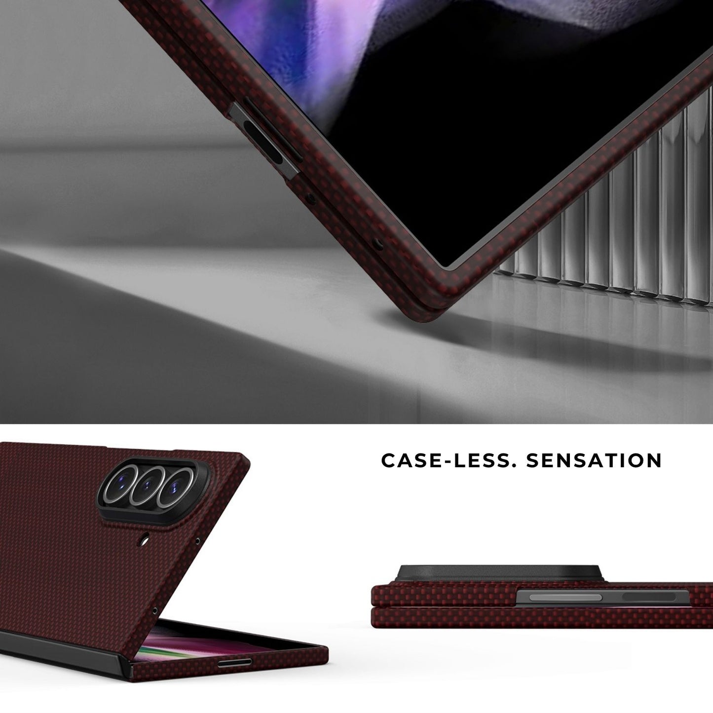 Multi-angle renders of a slim red aramid fiber case on galaxy z fold 8 ultra, highlighting its snug fit and thin profile.