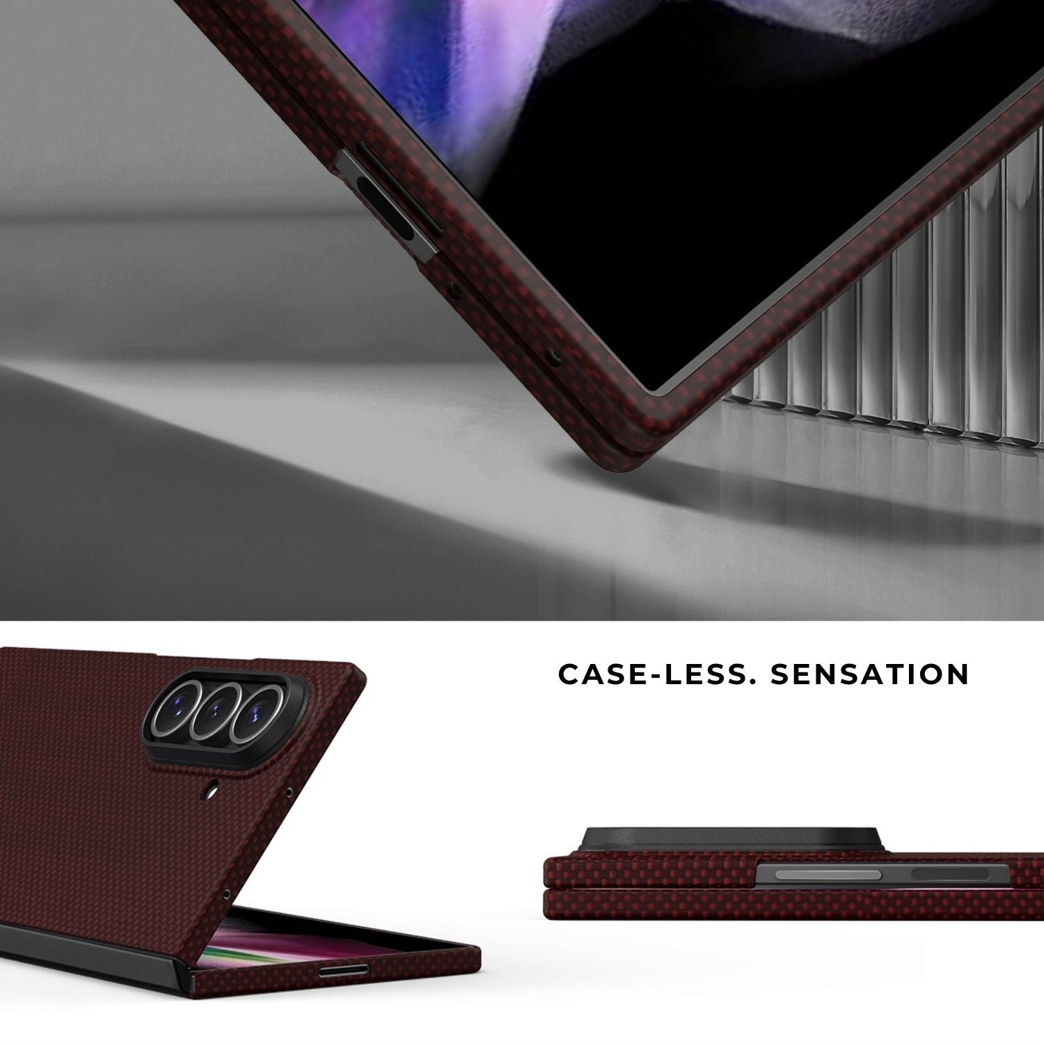 Multi-angle renders of a slim red aramid fiber case on galaxy z fold 8 ultra, highlighting its snug fit and thin profile.
