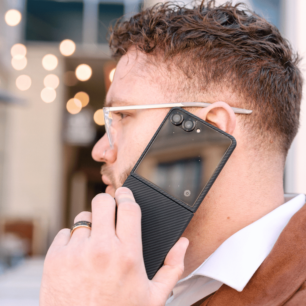 galaxy z flip 8 case being used by a person making a phone call, highlighting its sleek everyday look.