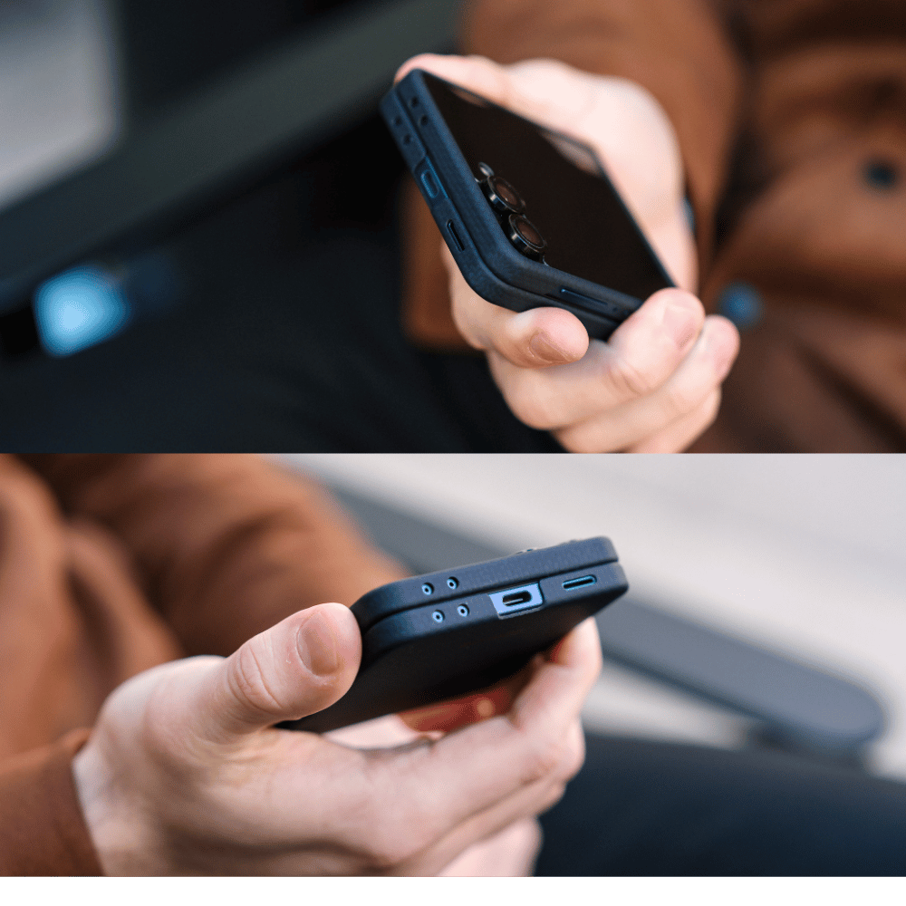 galaxy z flip 8 case held in a hand, showing two close-up angles of the folded phone to highlight precise cutouts for buttons and the charging port.