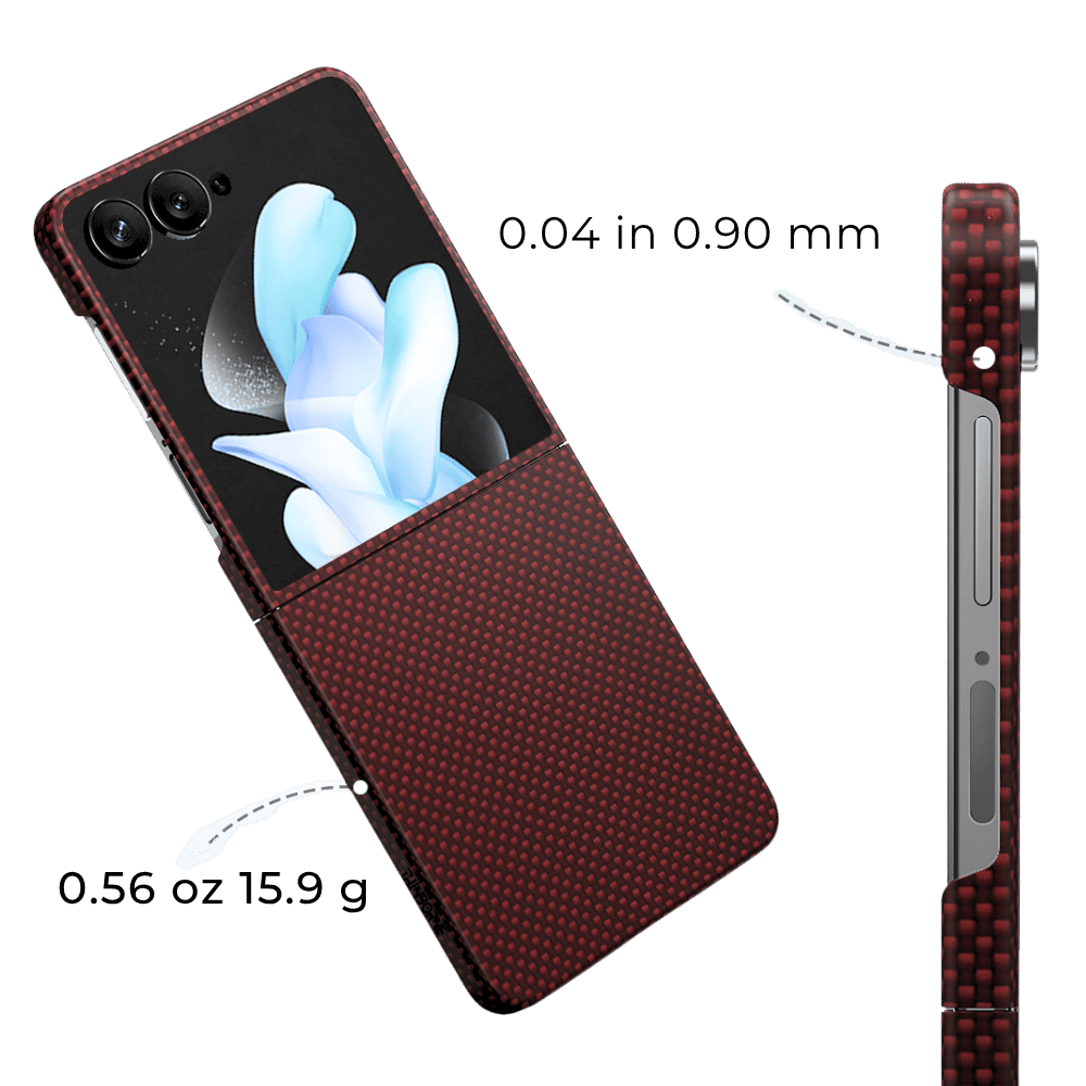 Ultra thin red aramid fiber case for Samsung Galaxy Z Flip 8 showing 0.04 inch thickness and 0.56 oz weight specs.