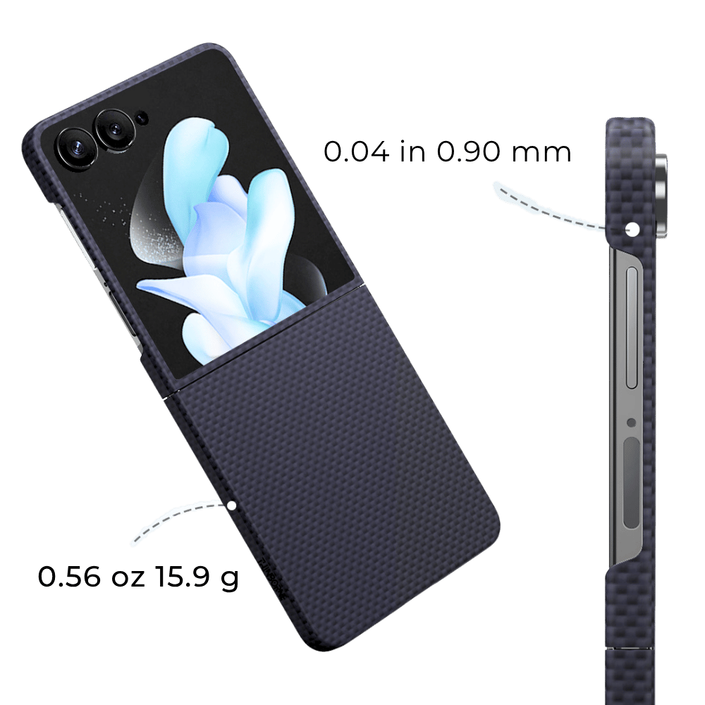 Alt Text: galaxy z flip 8 case in navy carbon fiber, displaying its ultra-thin profile of 0.04 inches and lightweight design of 0.56 ounces.