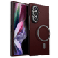 A dark red textured galaxy z fold 8 ultra phone case with a circular MagSafe ring, shown on a Samsung smartphone against a solid green background.