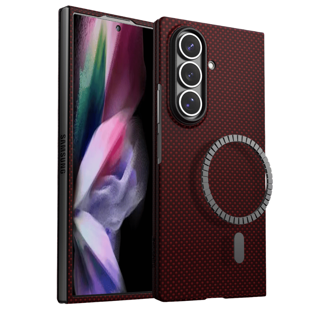 A dark red textured galaxy z fold 8 ultra phone case with a circular MagSafe ring, shown on a Samsung smartphone against a solid green background.