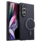A navy textured Samsung Galaxy  fold 8 ultra phone case shown from both front and back angles against a solid green background. The back view features a circular MagSafe-style magnetic ring attachment.