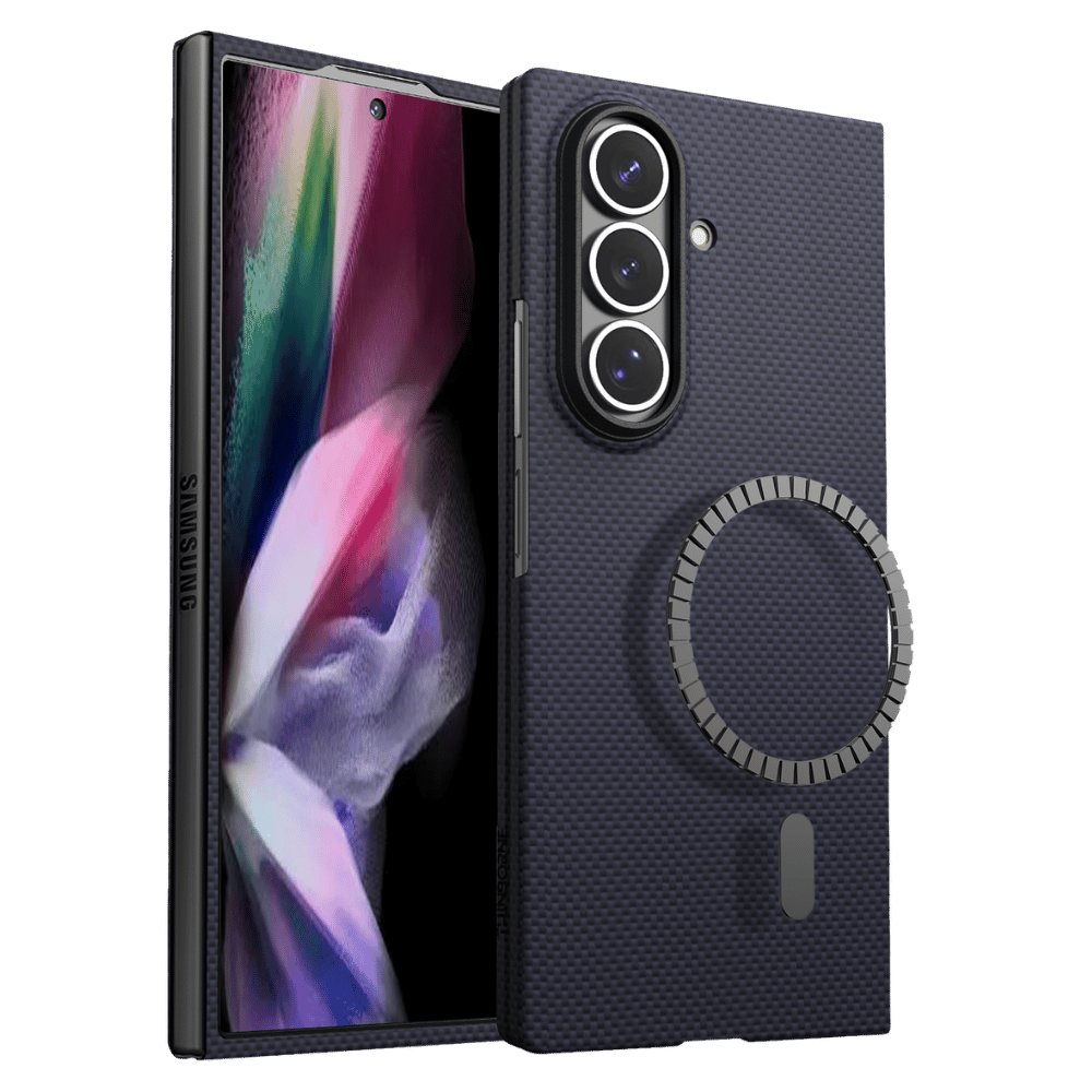 A navy textured Samsung Galaxy  fold 8 ultra phone case shown from both front and back angles against a solid green background. The back view features a circular MagSafe-style magnetic ring attachment.