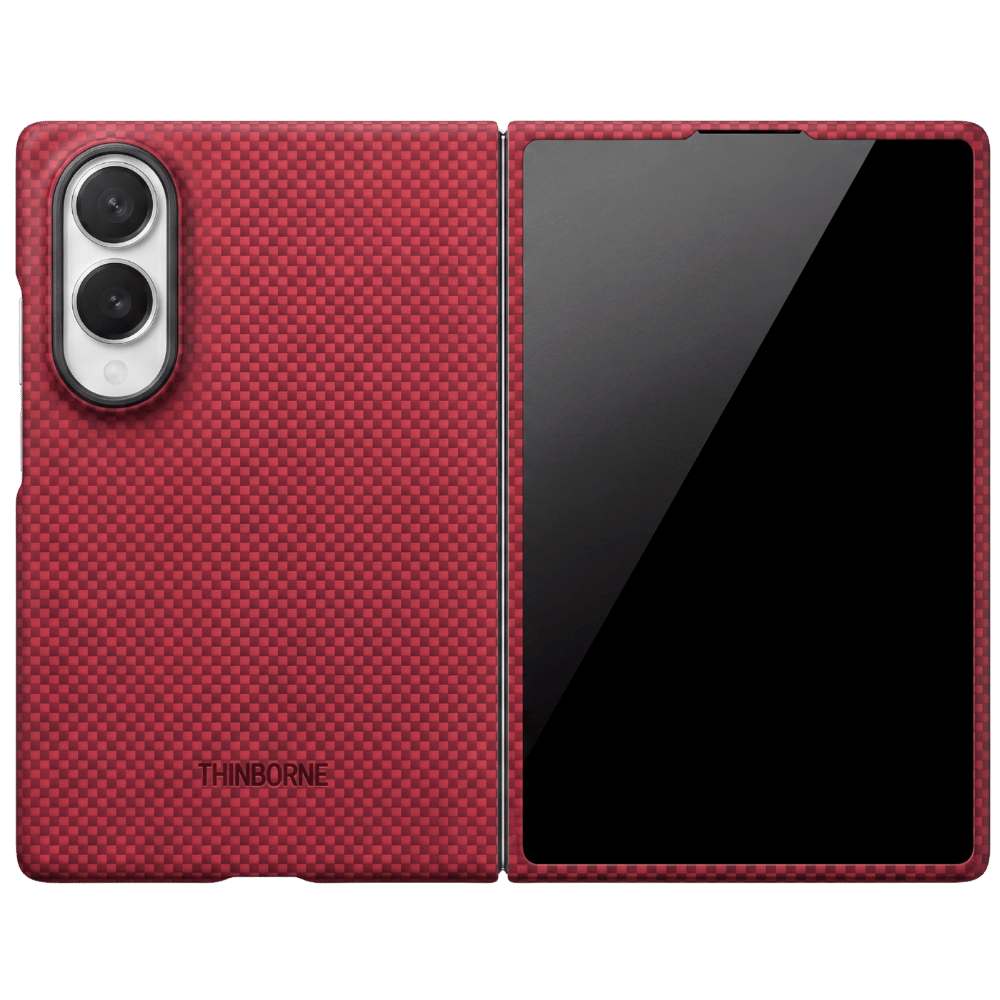 A red galaxy z fold 8 wide phone case shown open, displaying both the back and front views of a smartphone. The case has a carbon-fiber-like weave pattern, a black camera cutout, and the brand name 'THINBORNE' printed near the bottom.