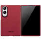 A red galaxy z fold 8 wide phone case shown open, displaying both the back and front views of a smartphone. The case has a carbon-fiber-like weave pattern, a black camera cutout, and the brand name 'THINBORNE' printed near the bottom.