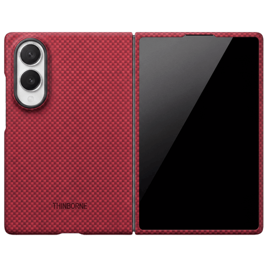 A red galaxy z fold 8 wide phone case shown open, displaying both the back and front views of a smartphone. The case has a carbon-fiber-like weave pattern, a black camera cutout, and the brand name 'THINBORNE' printed near the bottom.