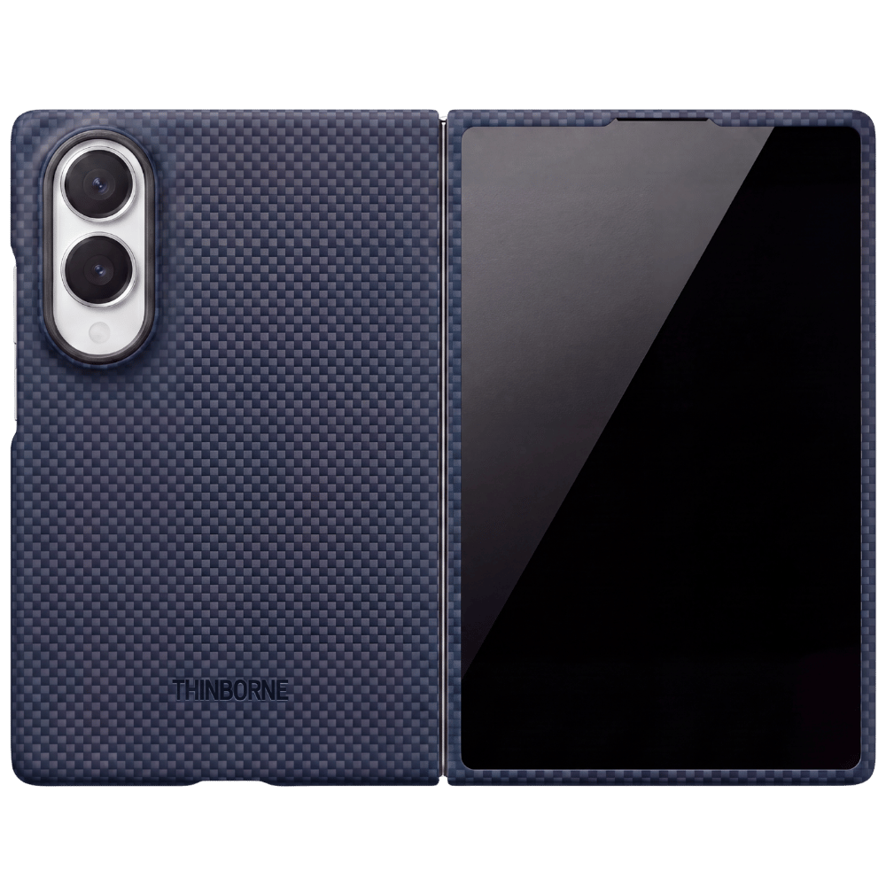 A navy galaxy z fold 8 wide phone case shown open, displaying both the back and front views of a smartphone. The case has a carbon-fiber-like weave pattern, a black camera cutout, and the brand name 'THINBORNE' printed near the bottom.