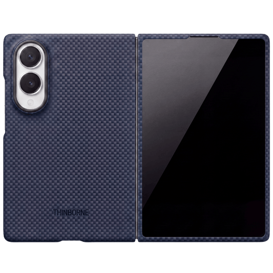 A navy galaxy z fold 8 wide phone case shown open, displaying both the back and front views of a smartphone. The case has a carbon-fiber-like weave pattern, a black camera cutout, and the brand name 'THINBORNE' printed near the bottom.