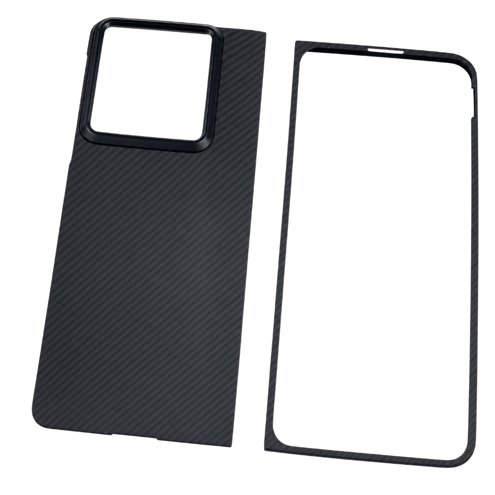 Black phone case with carbon fiber texture on a transparent background