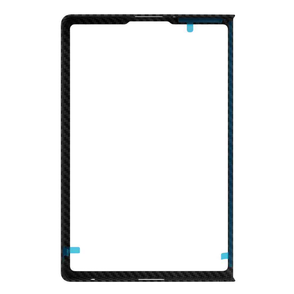 A carbon fiber protective frame or bezel for galaxy z fold 8, shown against a solid green background. The frame features a black carbon fiber weave pattern and has small blue protective adhesive strips at the corners.
